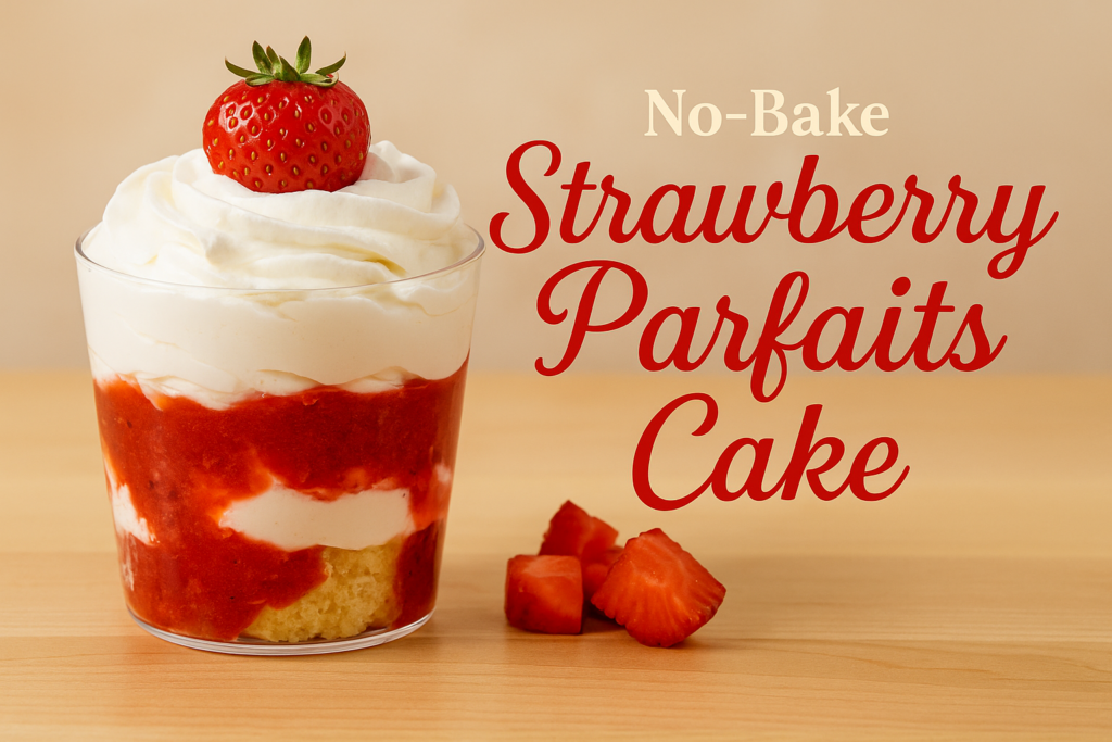 No-Bake Strawberry Parfait with Pound Cake, Homemade Strawberry Preserve, and Whipped Cream in a Glass Jar